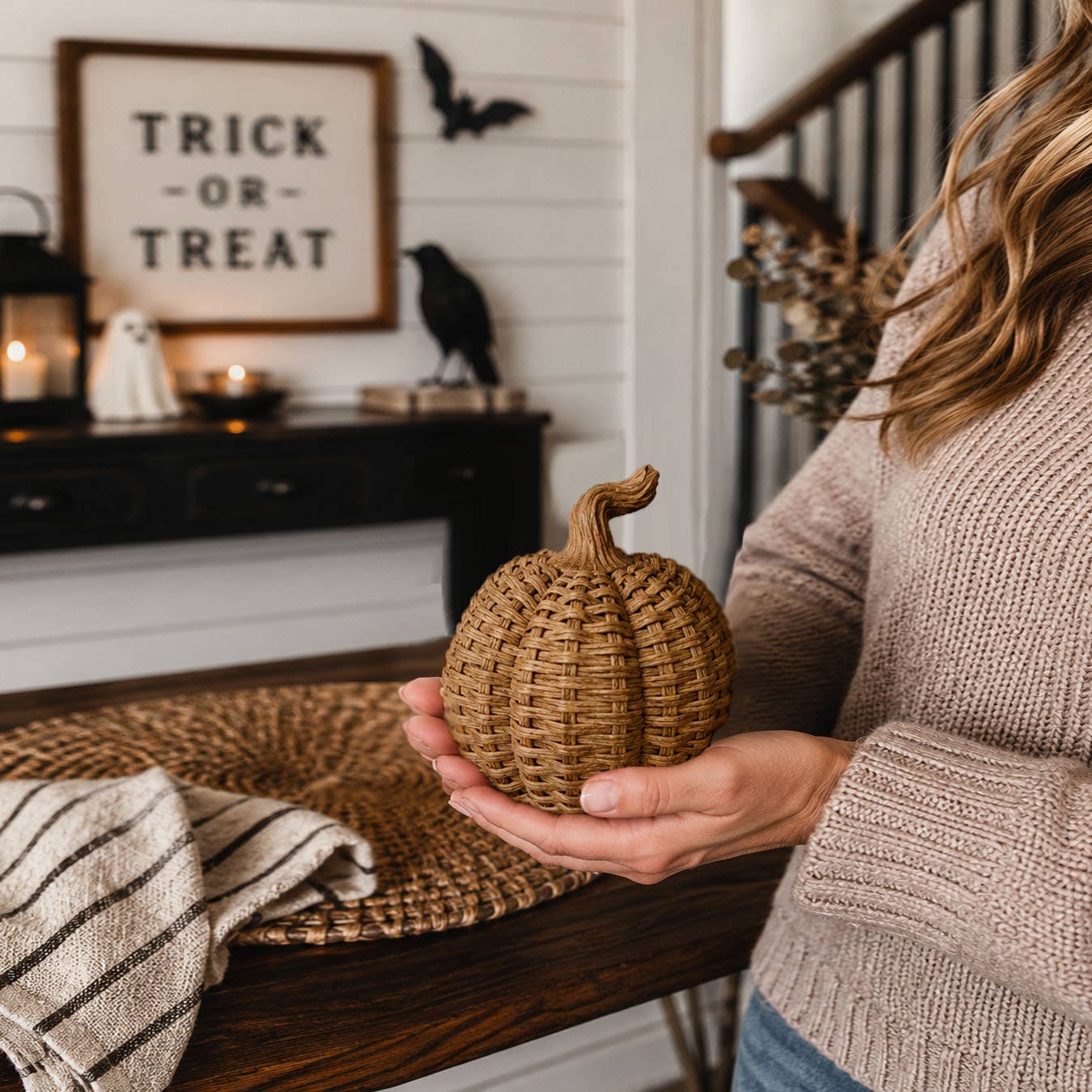 Neutral Fall Halloween Shelf Decor, Cute Pumpkin Home & Gift