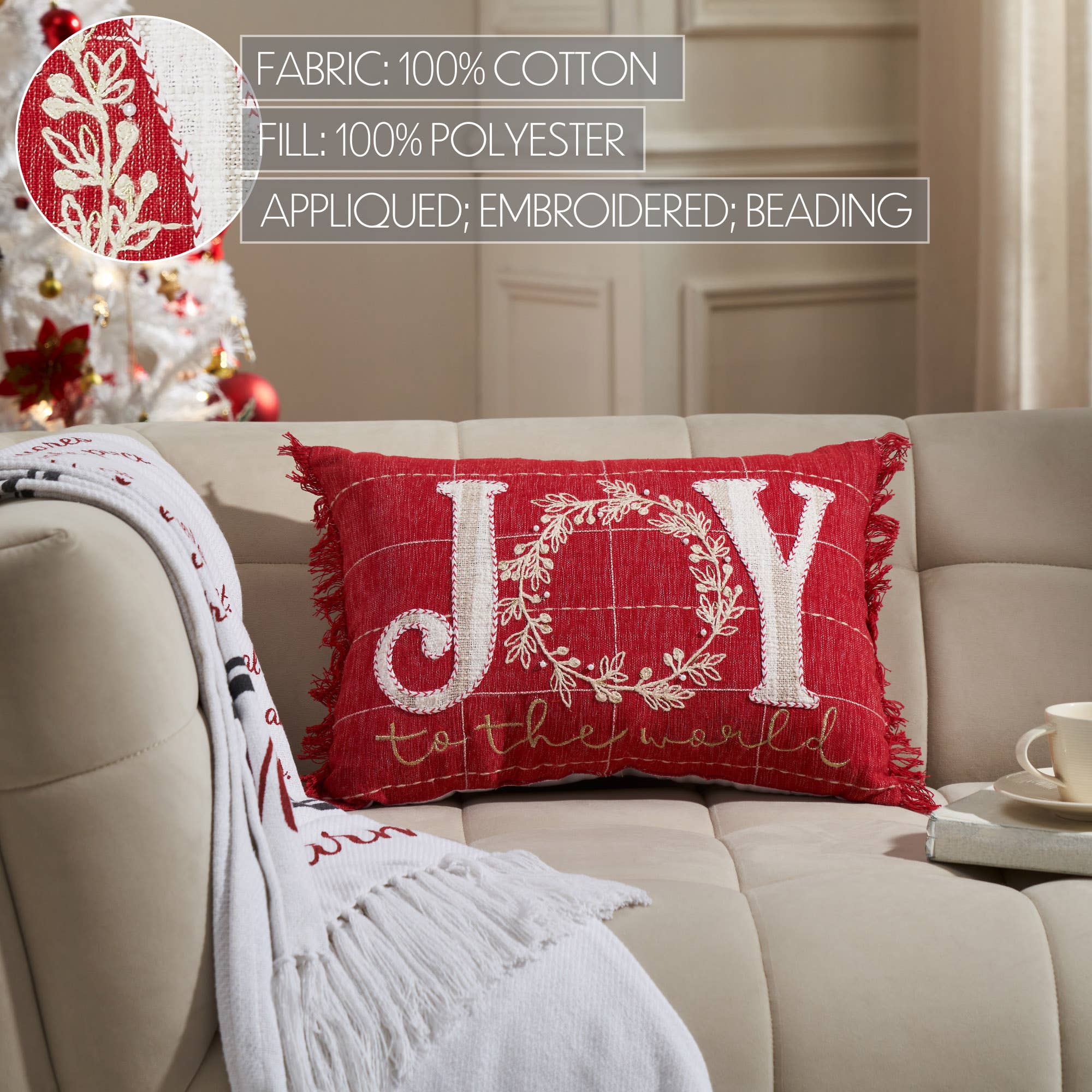 Christmas Joy to the World Fringed Throw Pillow 14x20