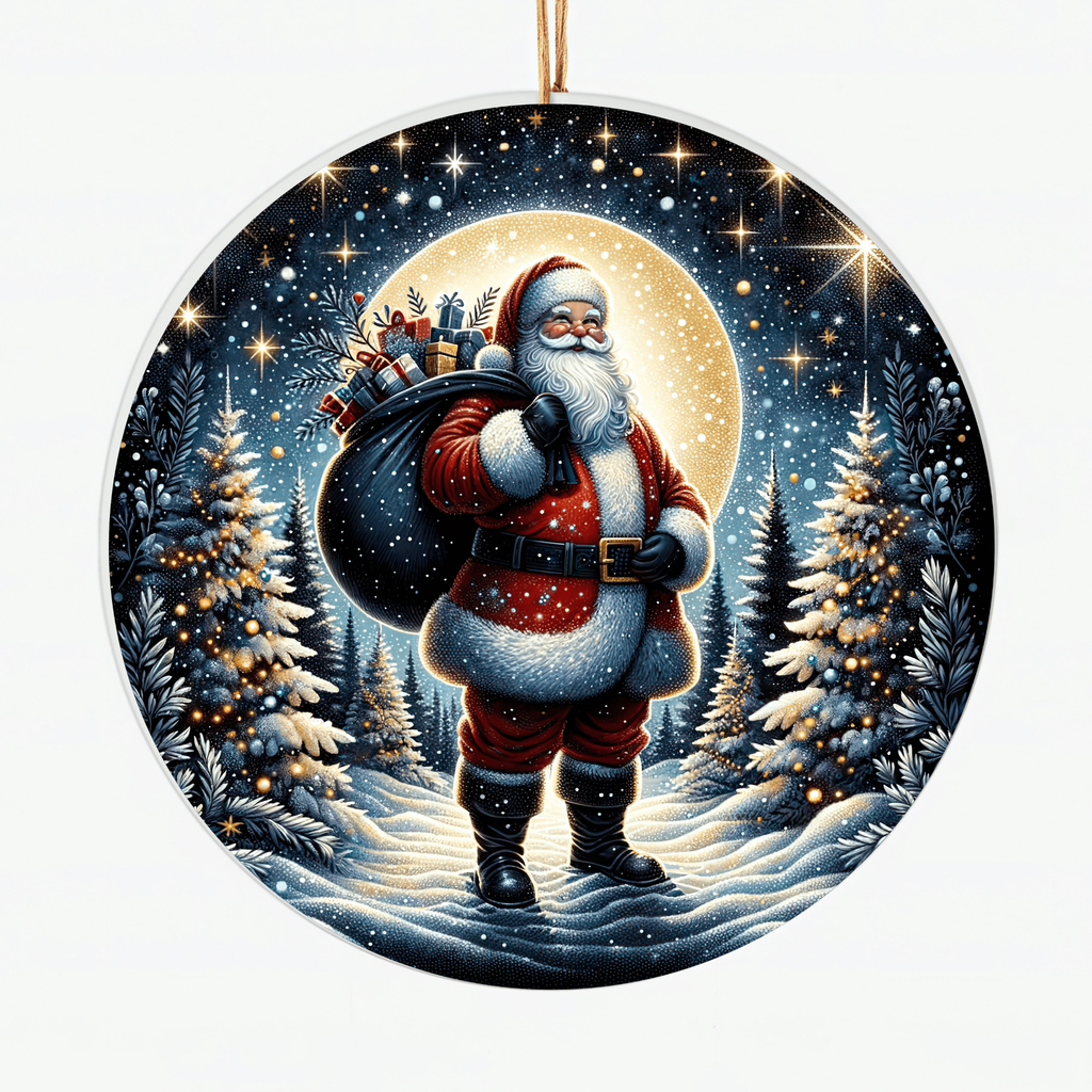 Santa with Gift Sack Ceramic Ornament – Classic Holiday Scene in Snowy Forest, Christmas Tree Decoration, Festive Holiday Gift for Family