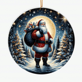 Santa with Gift Sack Ceramic Ornament – Classic Holiday Scene in Snowy Forest, Christmas Tree Decoration, Festive Holiday Gift for Family