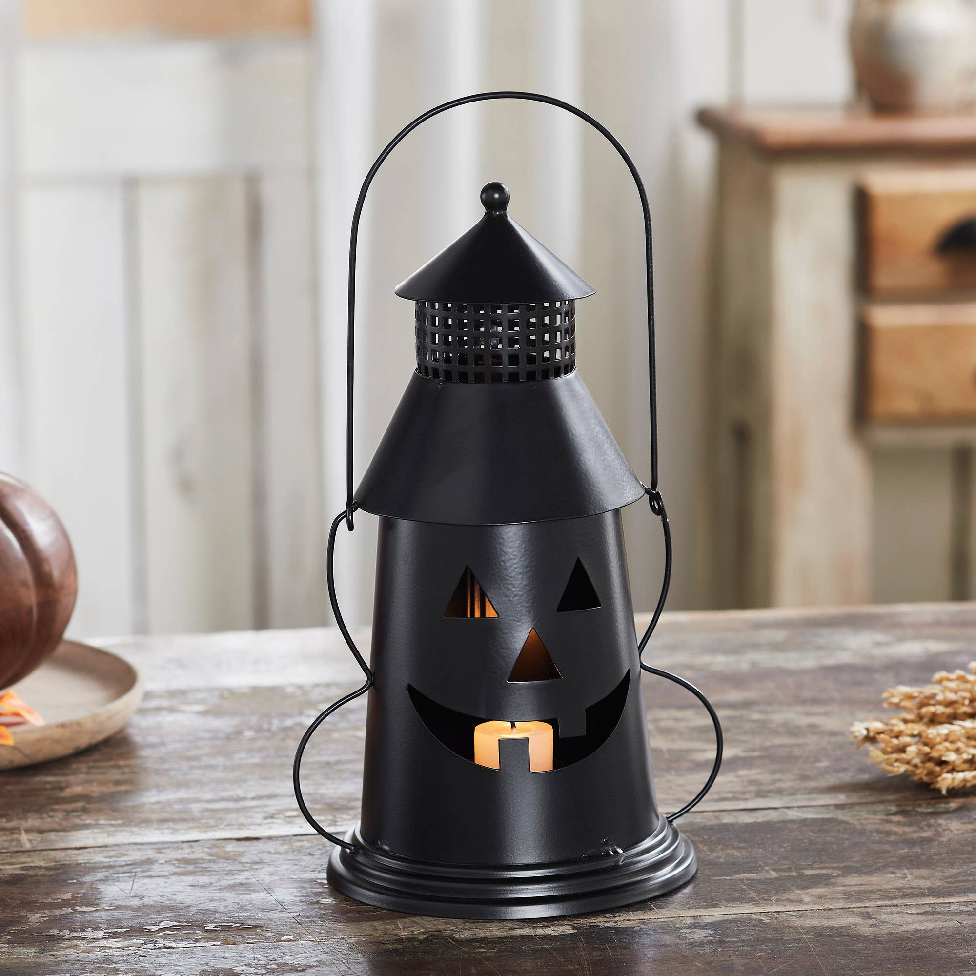 Black Metal Jack-O-Lantern Halloween Candle Holder 12"