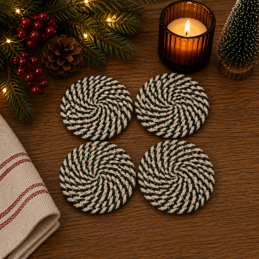 Holiday Fabric Coasters, Red White Christmas Coaster Set