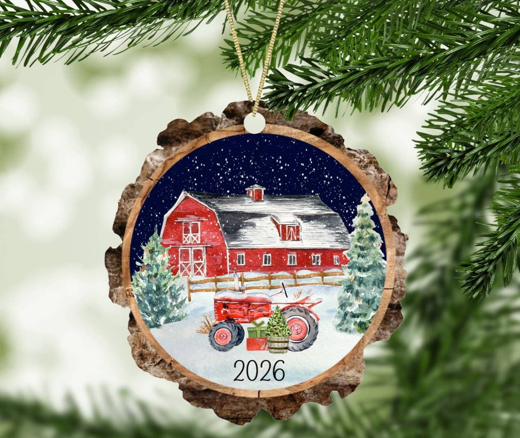 Christmas on the Farm Ornament Faux Wood Slice with Barn
