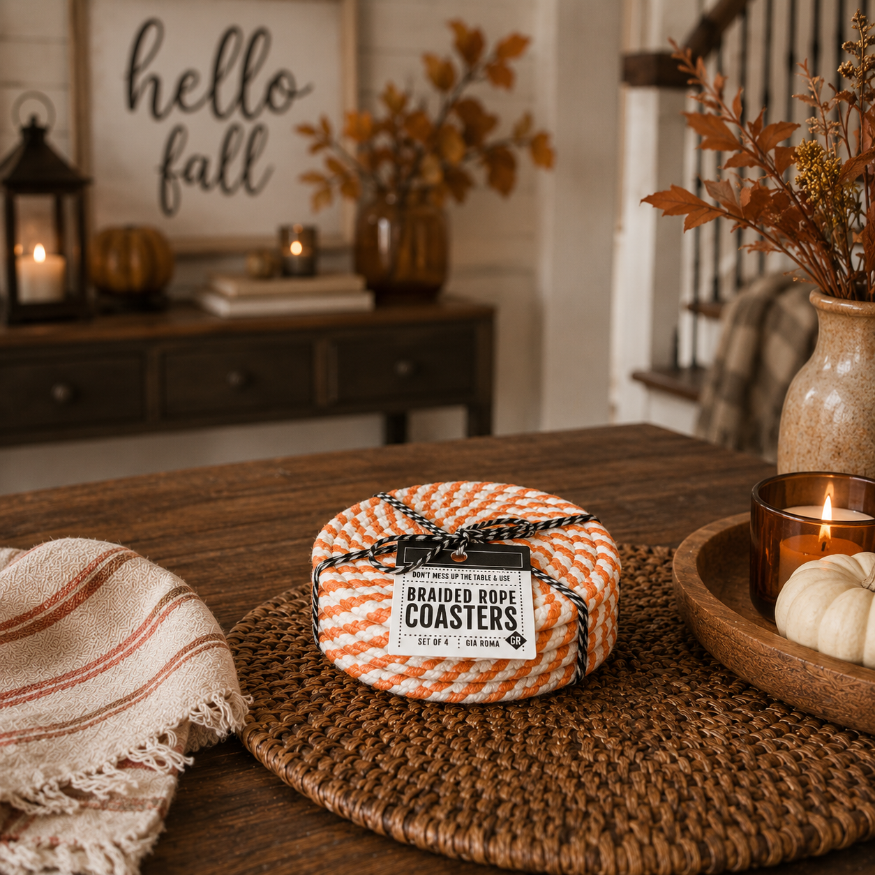 Fall Fabric Coaster Sets, Gift Ready | Autumn Tabletop Decor