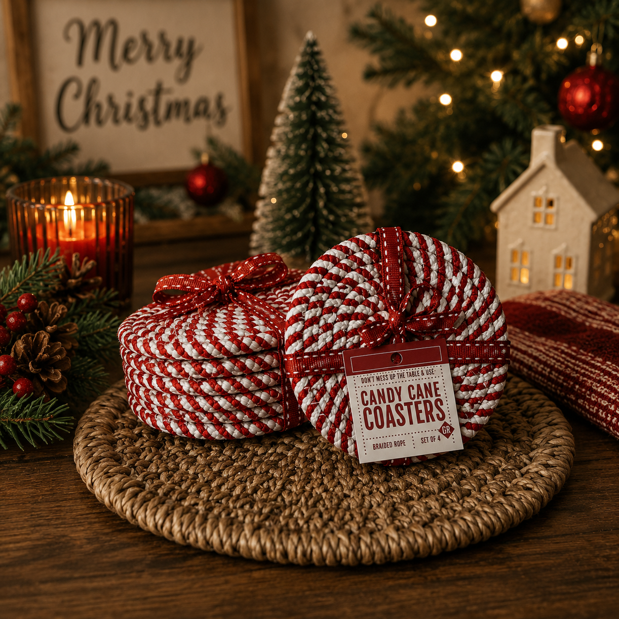 Holiday Fabric Coasters, Red White Christmas Coaster Set