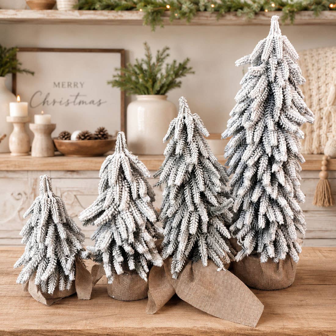 Christmas Trees with Snow, Holiday Mantle & Shelf Home Decor