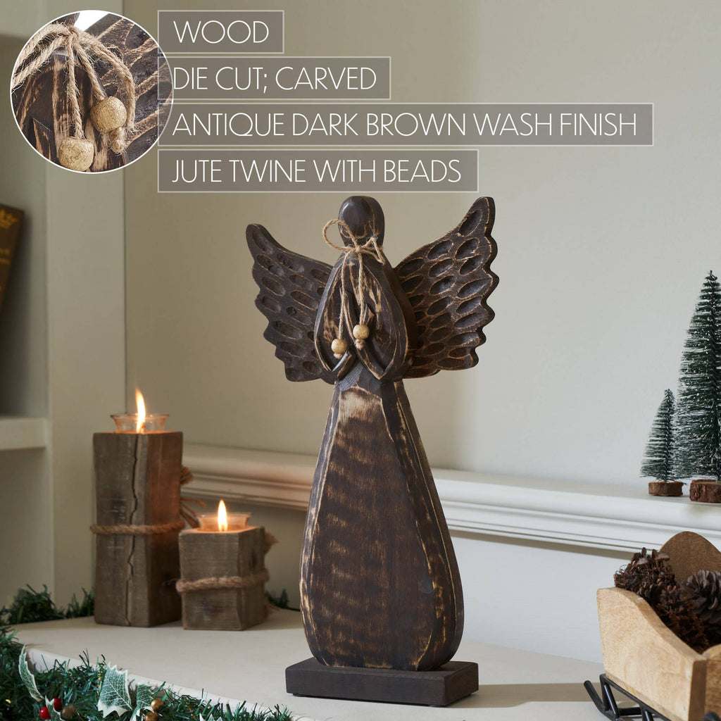Primitive Carved Wood Angel Figurine with Twine Bow