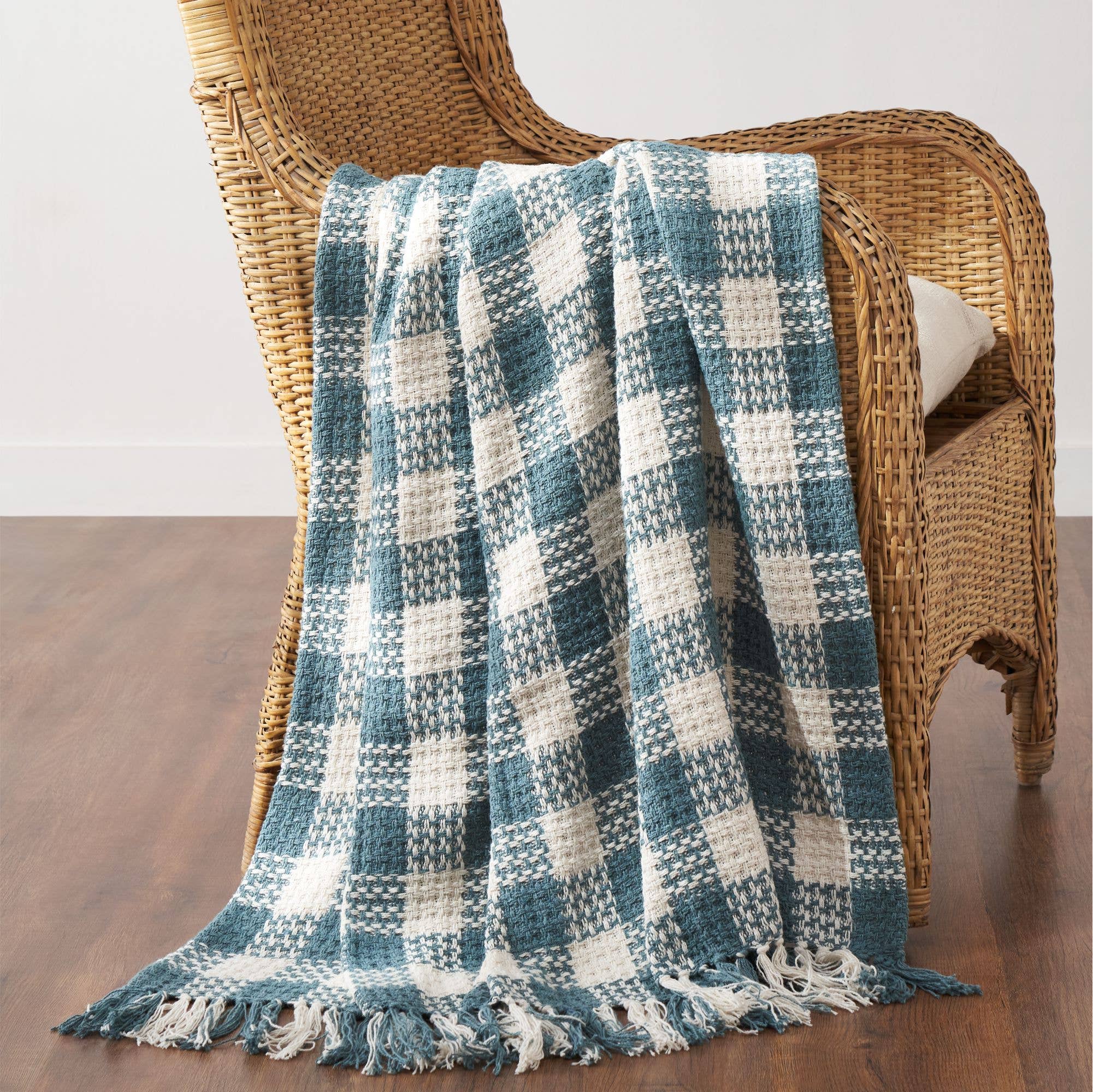 River Blue Heritage Check Throw Blanket with Fringe 50x60