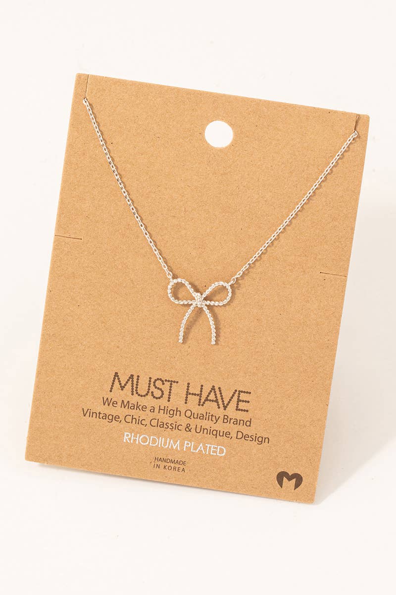 Gold Dipped Textured Ribbon Bow Pendant Chain Necklace