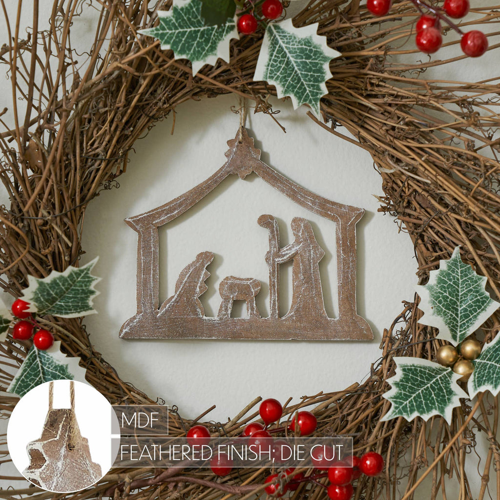 Feathered Wood Nativity Christmas Ornament 5 Inch