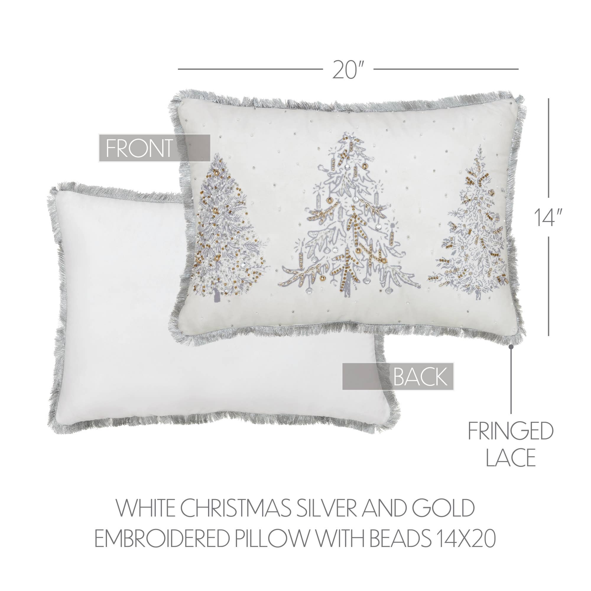 White Christmas Tree Embroidered Beaded Throw Pillow 14x20