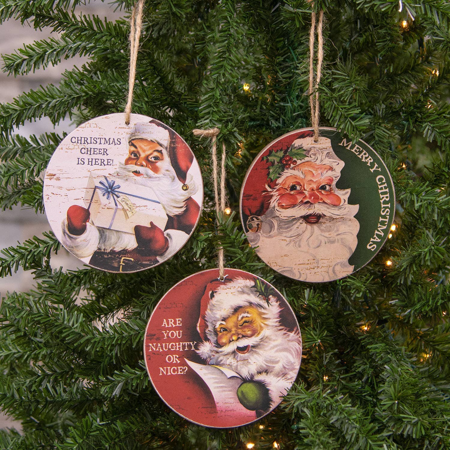 Vintage Santa Cheer Round Ornament - 3 Asstd.