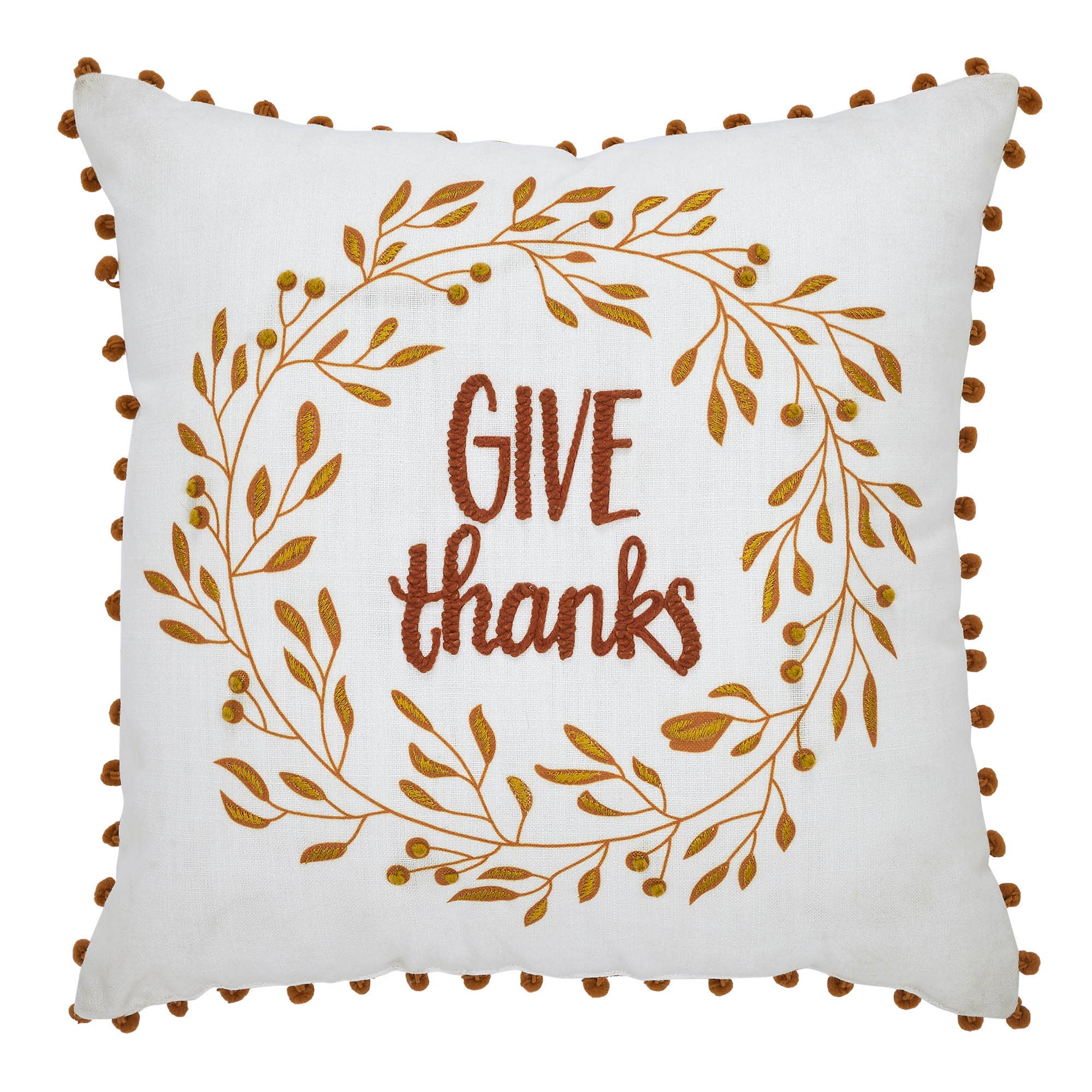 Thanksgiving Fall Wreath Pom Pom Accent Throw Pillow 18x18