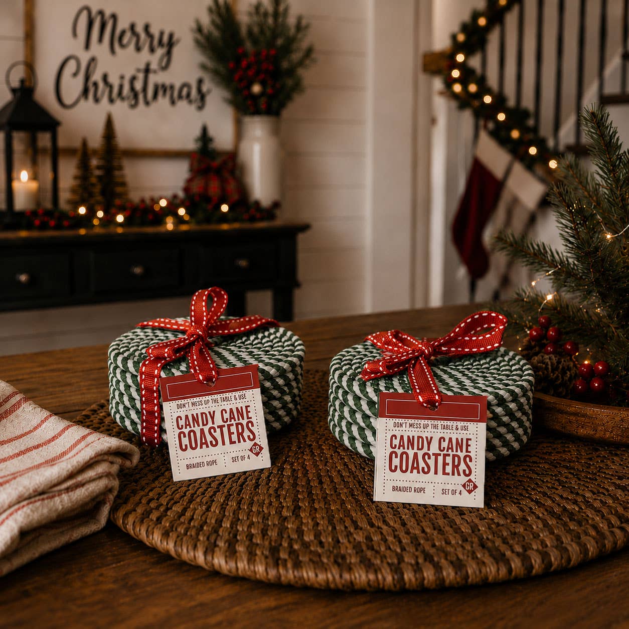 Holiday Fabric Coasters, Red White Christmas Coaster Set