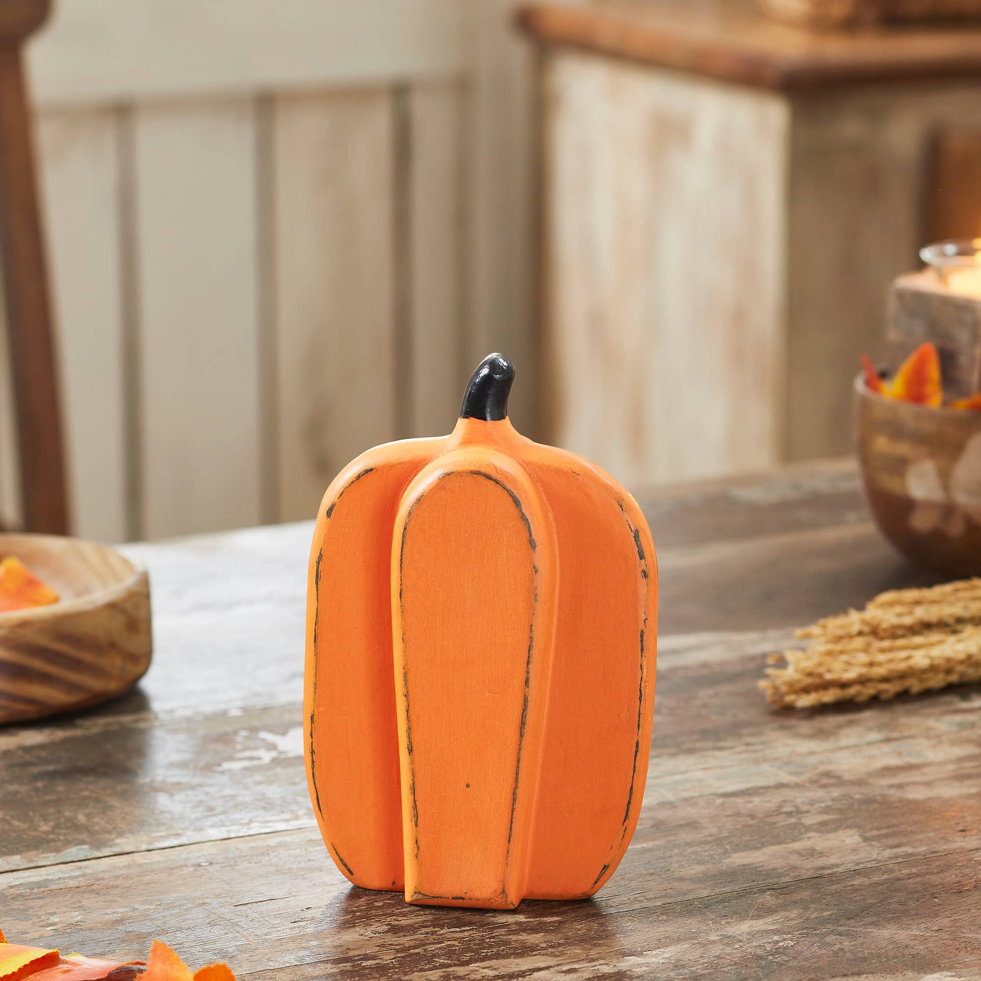Rustic Orange Wooden Pumpkin Tabletop Figurine 8in