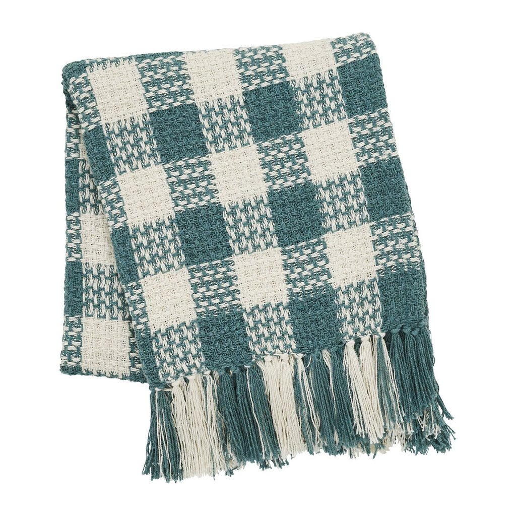 River Blue Heritage Check Throw Blanket with Fringe 50x60
