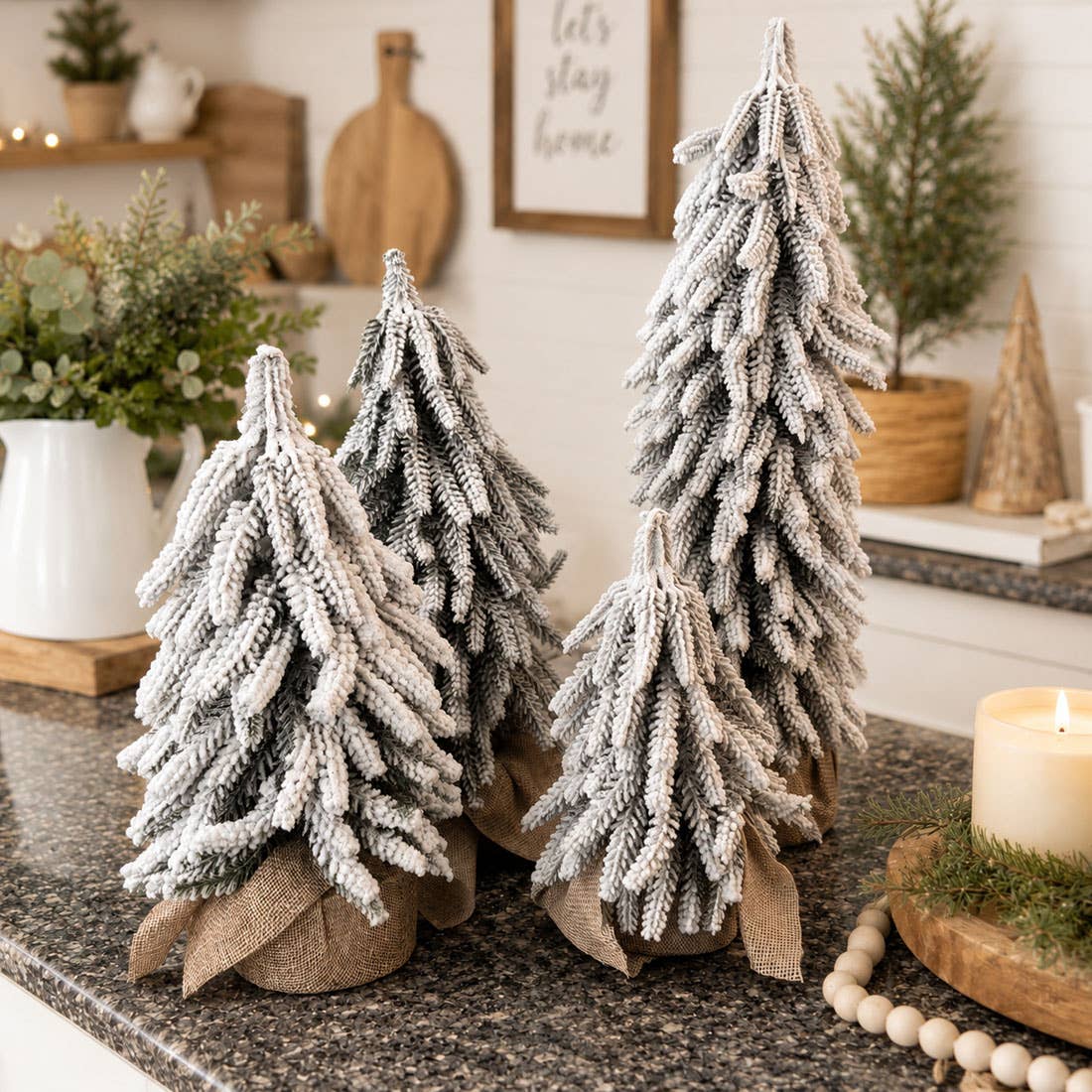 Christmas Trees with Snow, Holiday Mantle & Shelf Home Decor