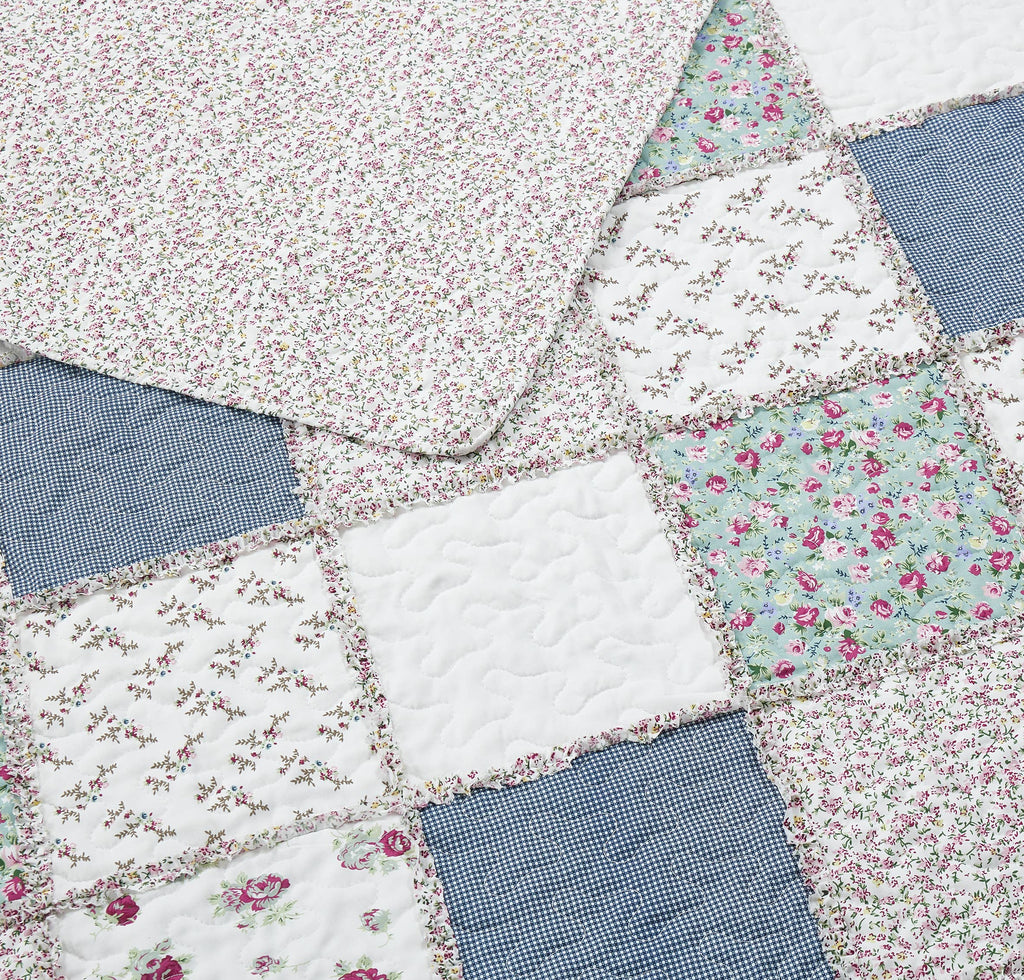 "Blue with Roses Patchwork"  3-Piece Designer Quilt Set