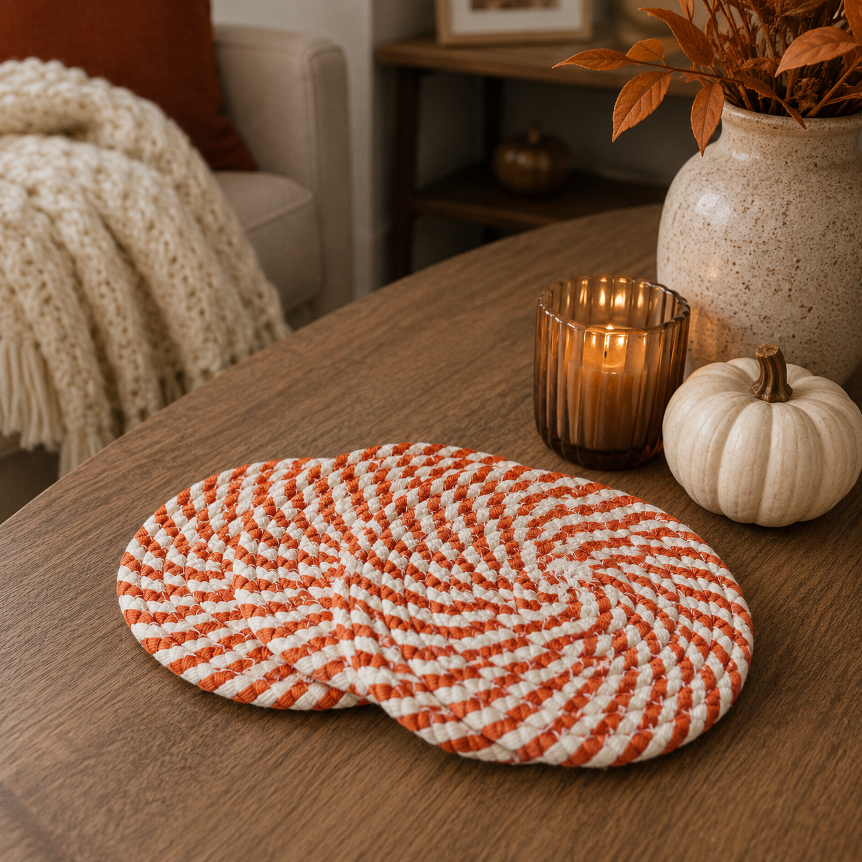 Fall Fabric Coaster Sets, Gift Ready | Autumn Tabletop Decor