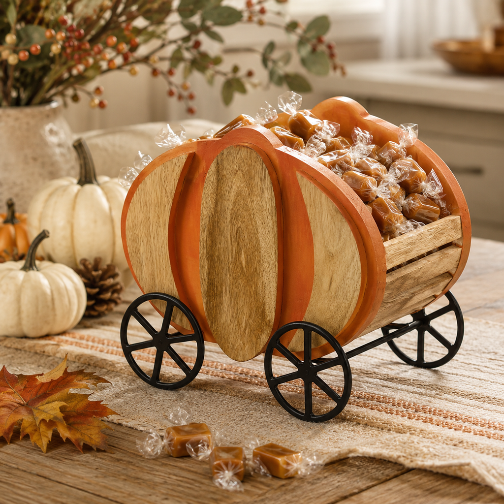 Solid Mango Wood Pumpkin Carriage Fall Display Bowl  11"