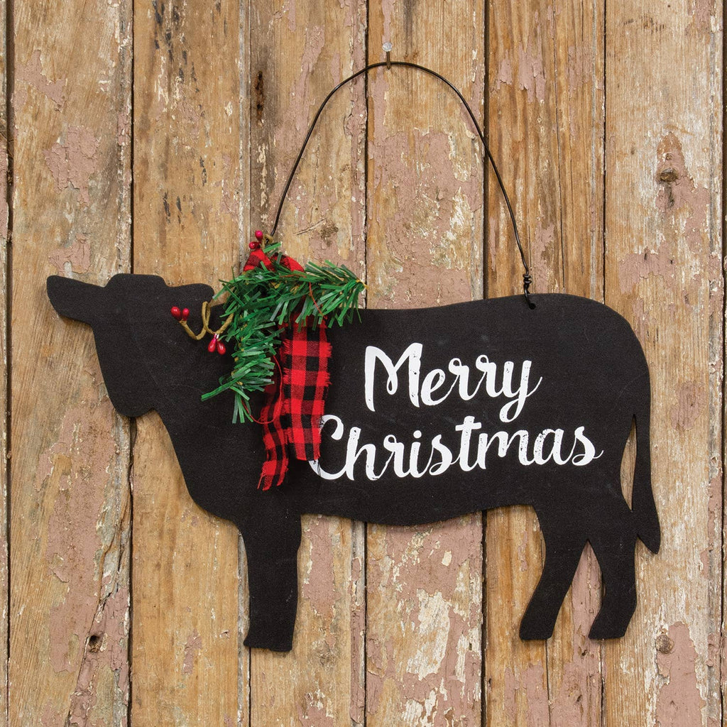 Merry Christmas Wooden Cow Sign w/Winter Greenery