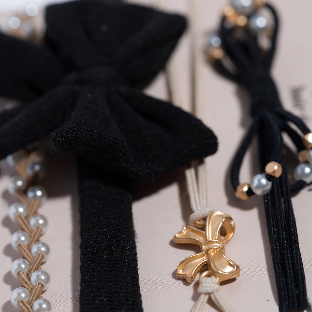 "Harmony" Pearls & Bows in Black & Cream Hair Tie Bracelets