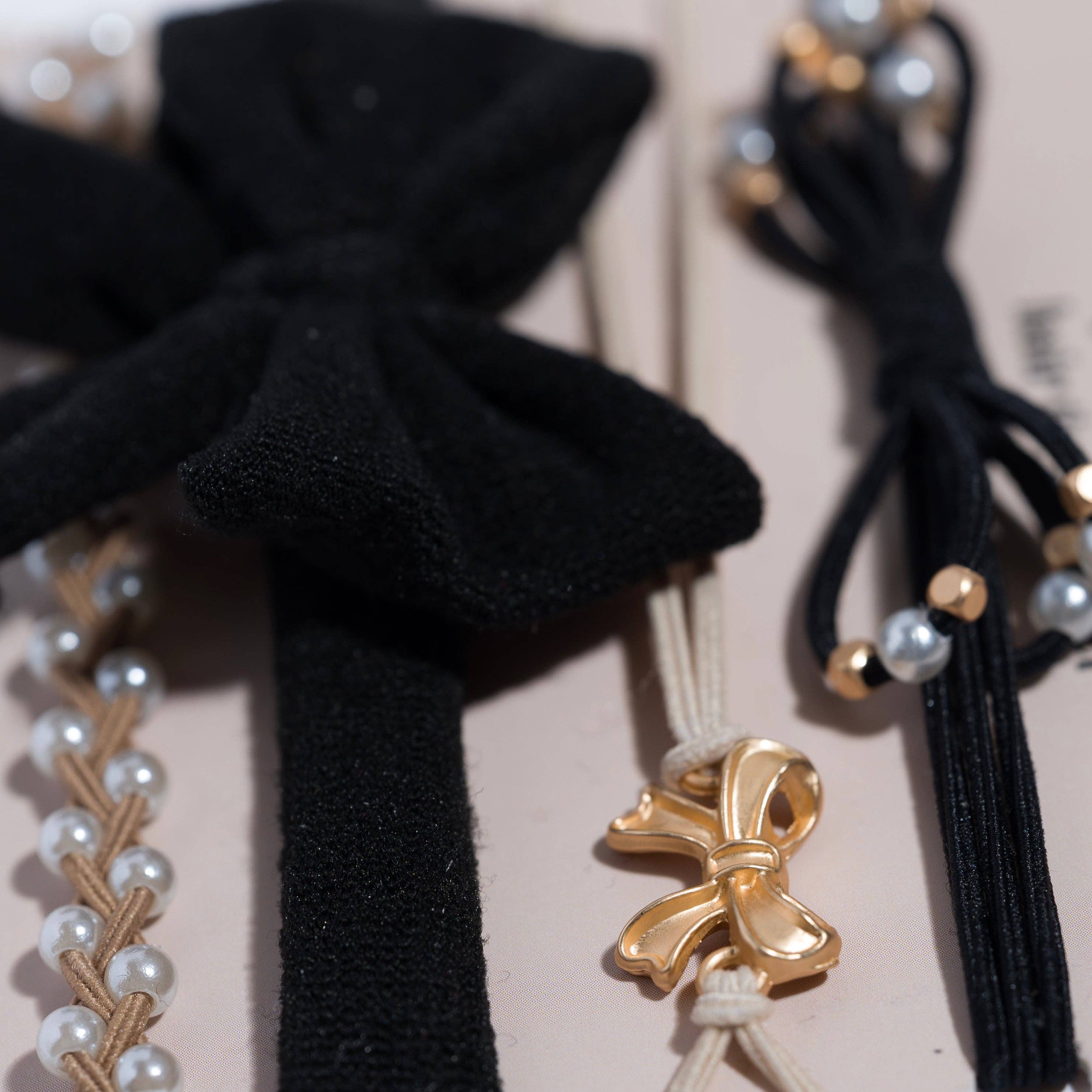 "Harmony" Pearls & Bows in Black & Cream Hair Tie Bracelets