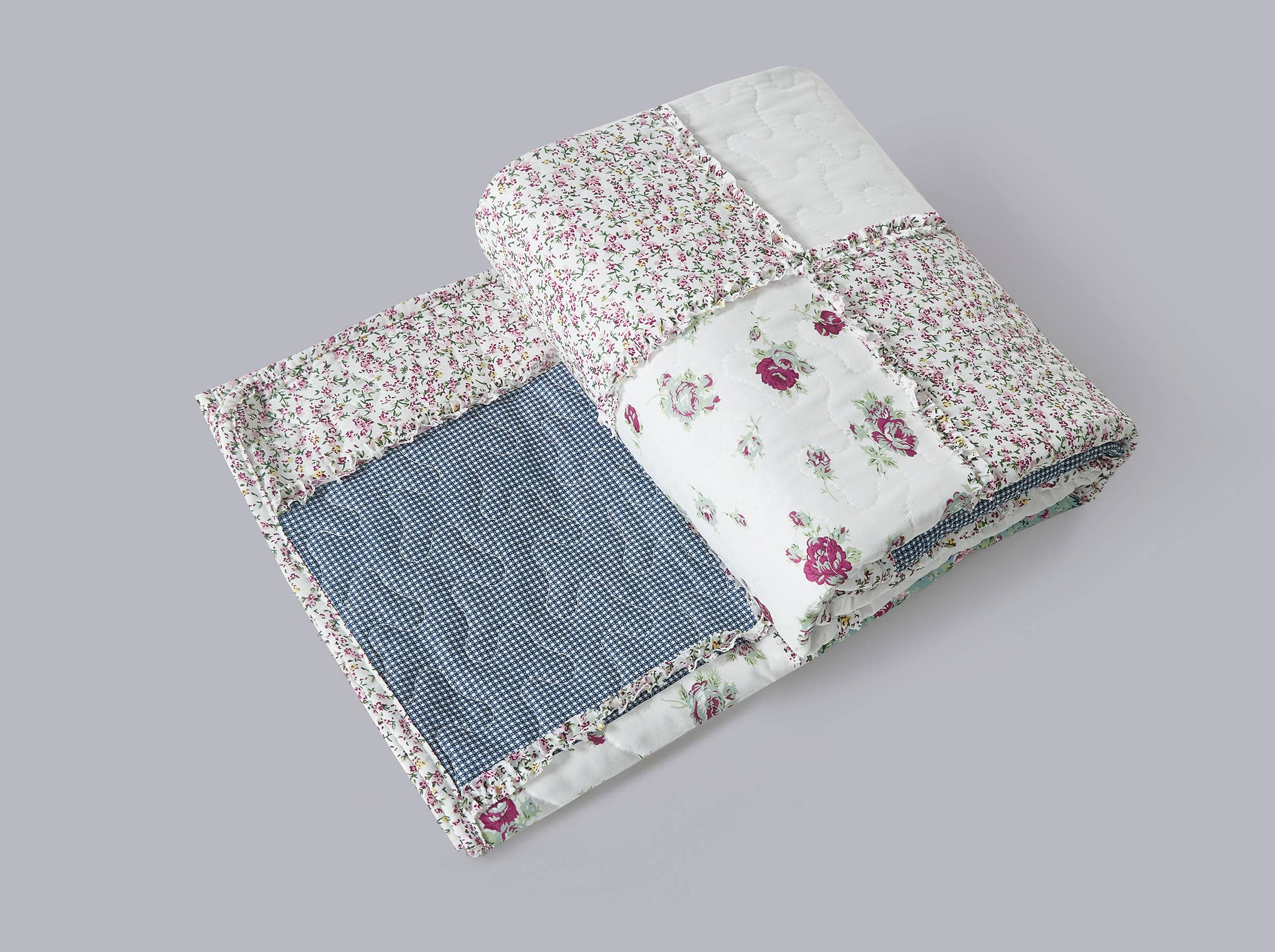 "Blue with Roses Patchwork"  Quilted Throw Blanket 50"x60"