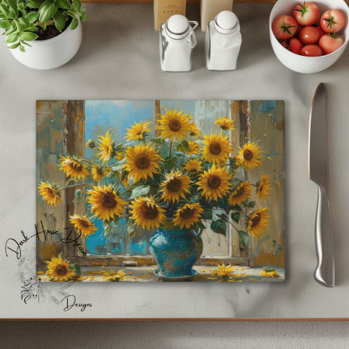 Sunflower Vase in Kitchen / Fall / Glass Cutting Board