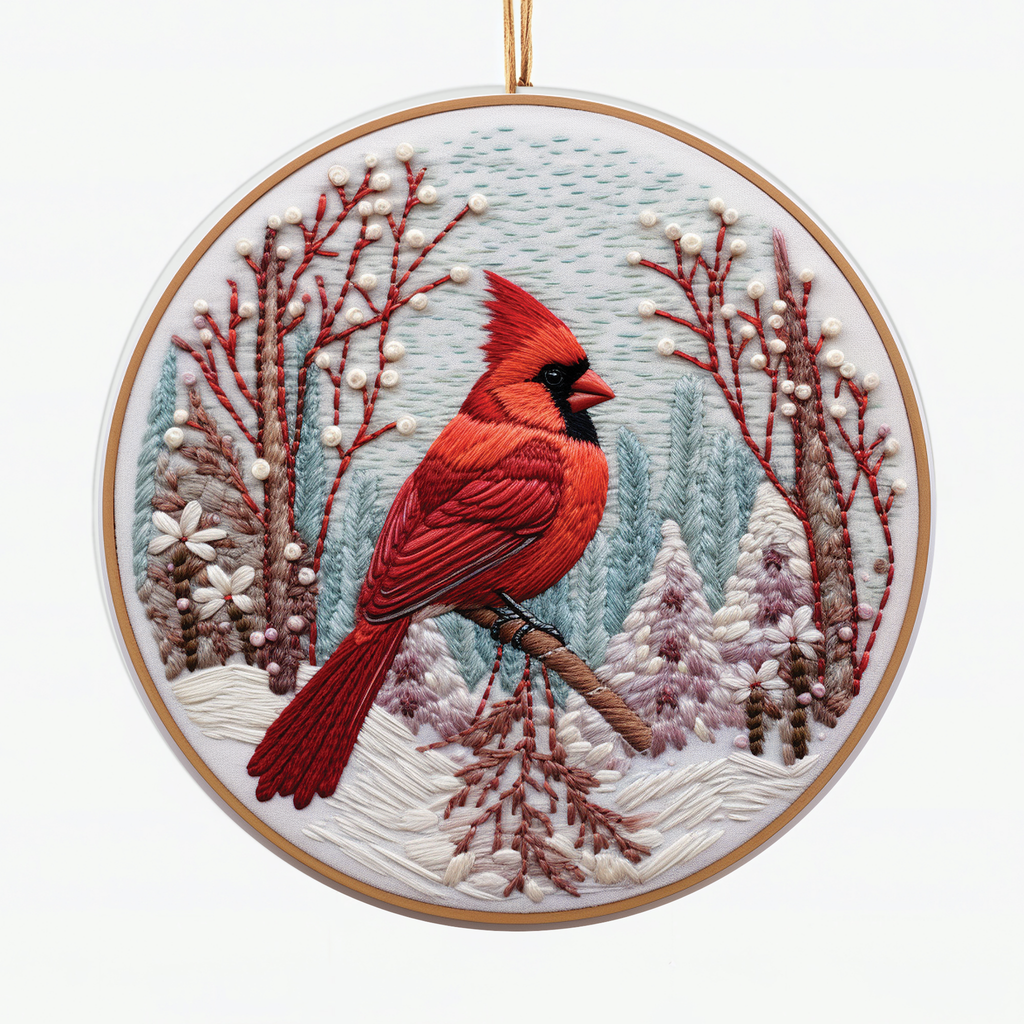 Snowman Ceramic Ornament – Winter Scene with Cozy Cabin & Cardinals – Christmas Tree Decoration or Charming Holiday Gift