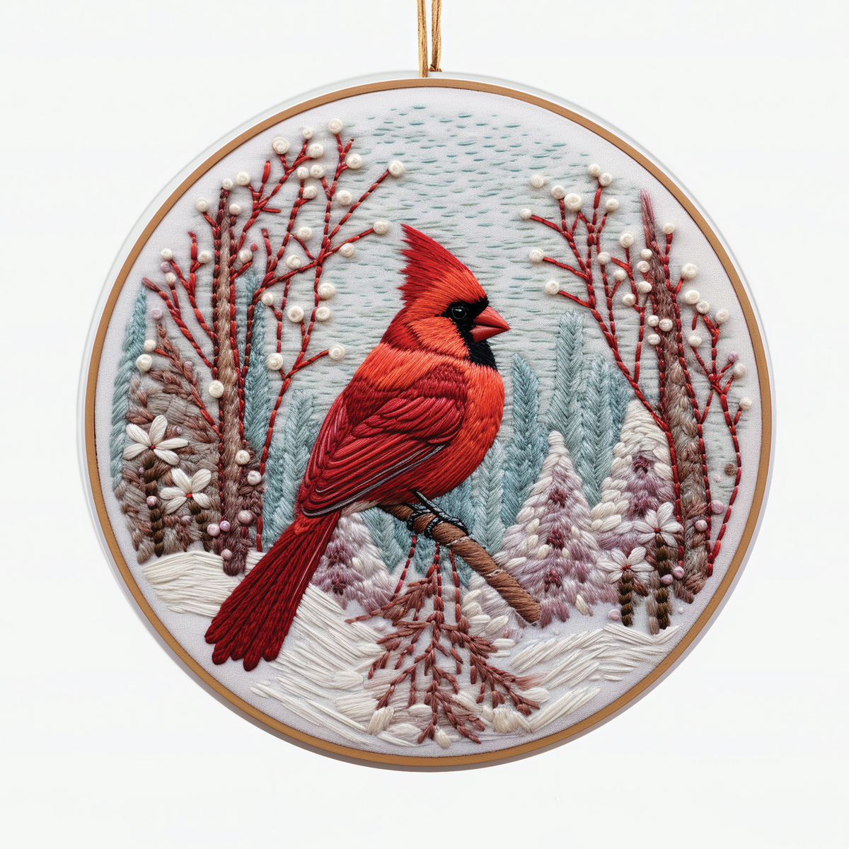 Snowman Ceramic Ornament – Winter Scene with Cozy Cabin & Cardinals – Christmas Tree Decoration or Charming Holiday Gift
