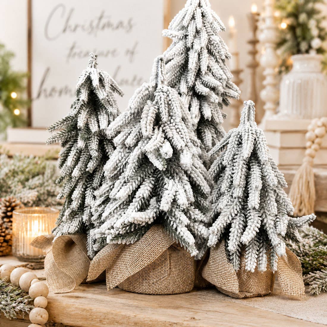 Flocked Snow Christmas Tree Set | Rustic Winter Wonderland