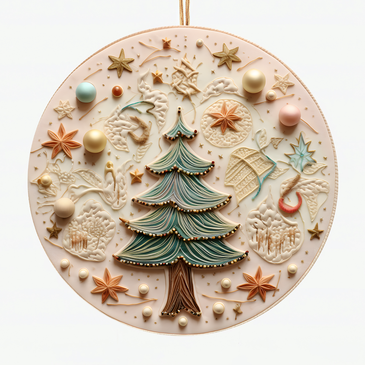 Intricate Christmas Tree Ceramic Ornament - Handcrafted Holiday Decor with Stars, Winter Scenes, and Elegant Quilted Details