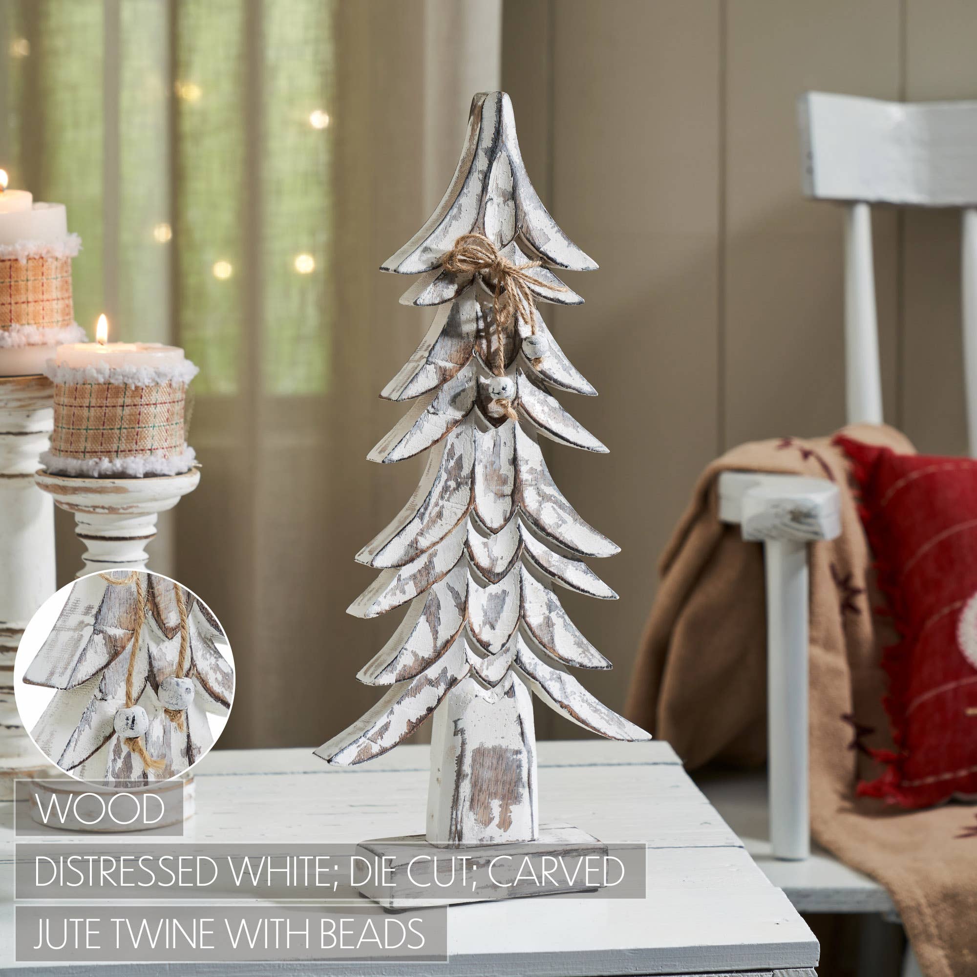 Timber Tidings Distressed White Wooden Tree 17x7.5x2