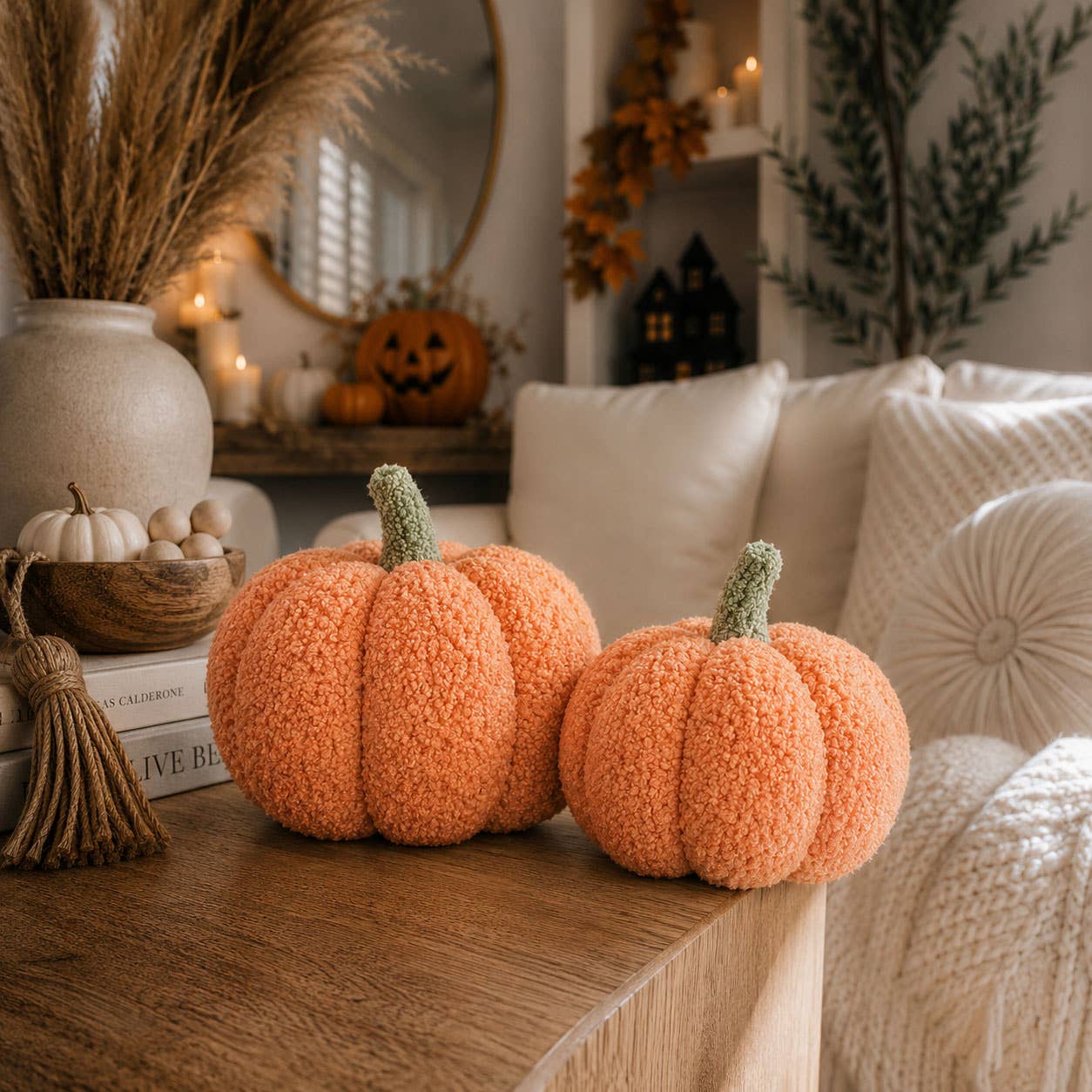 Neutral Fall + Halloween Home Decor, Cute Cotton Pumpkins BW