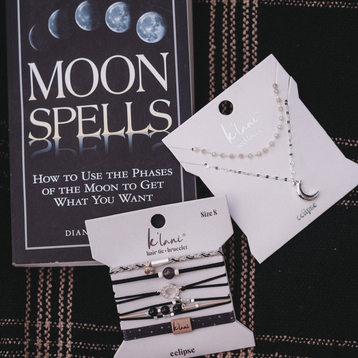 "Eclipse" Black, White & Grey with Silver Metallic & Moon Accent Hair Tie Bracelets