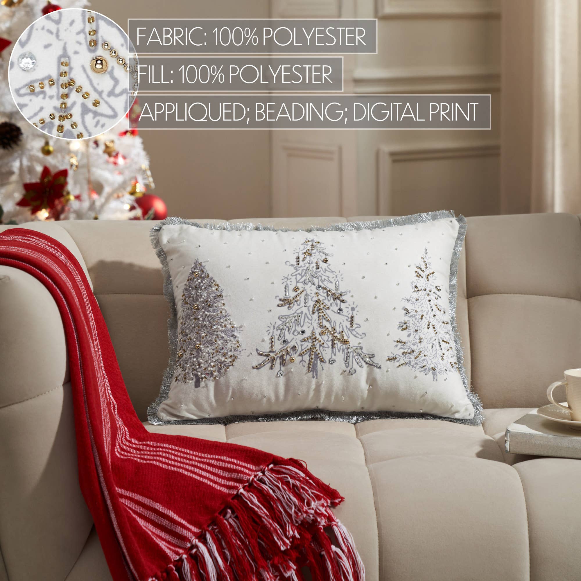 White Christmas Tree Embroidered Beaded Throw Pillow 14x20