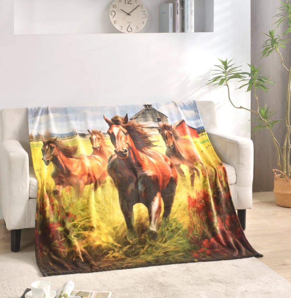 "Horses on the Farm" 1-Ply Faux Fur Everyday Blanket