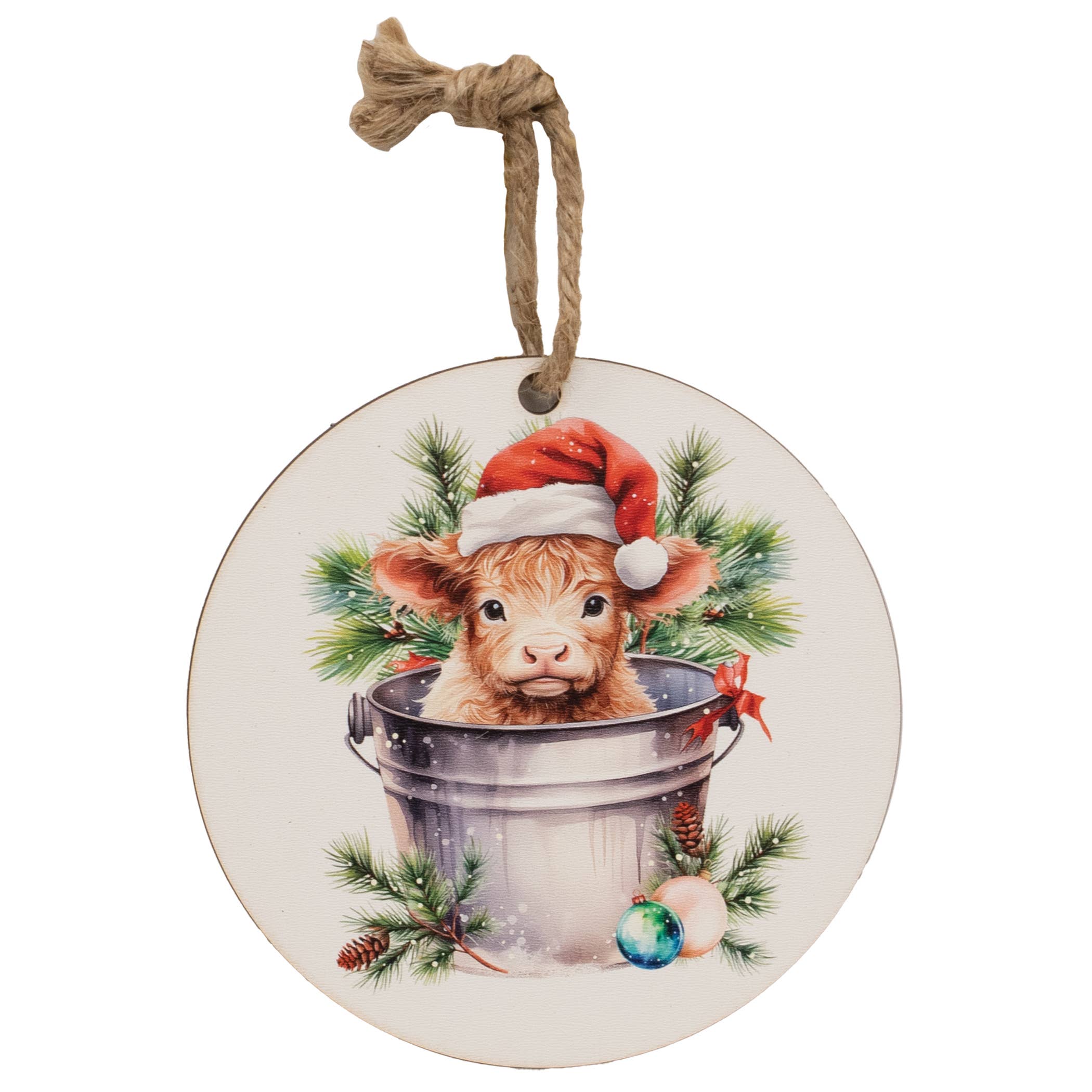 Baby Santa Highland in a Bucket Ornament - 5" Dia.