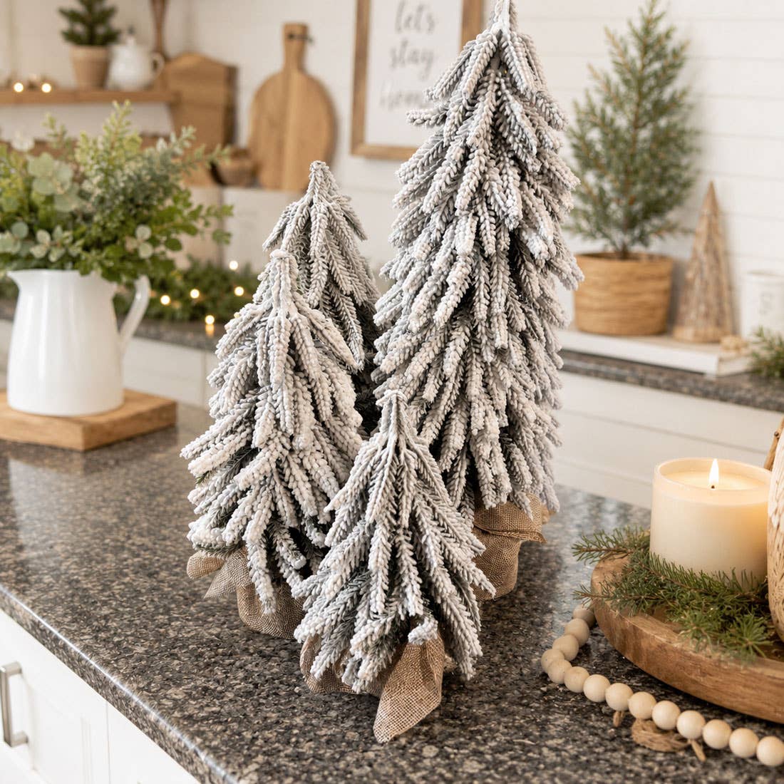 Christmas Trees with Snow, Holiday Mantle & Shelf Home Decor