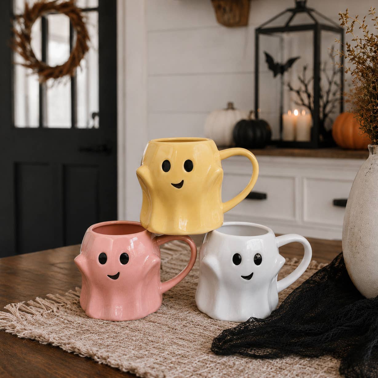 Halloween Drinkware, Ceramic Ghost Mugs, Neutral Fall Decor