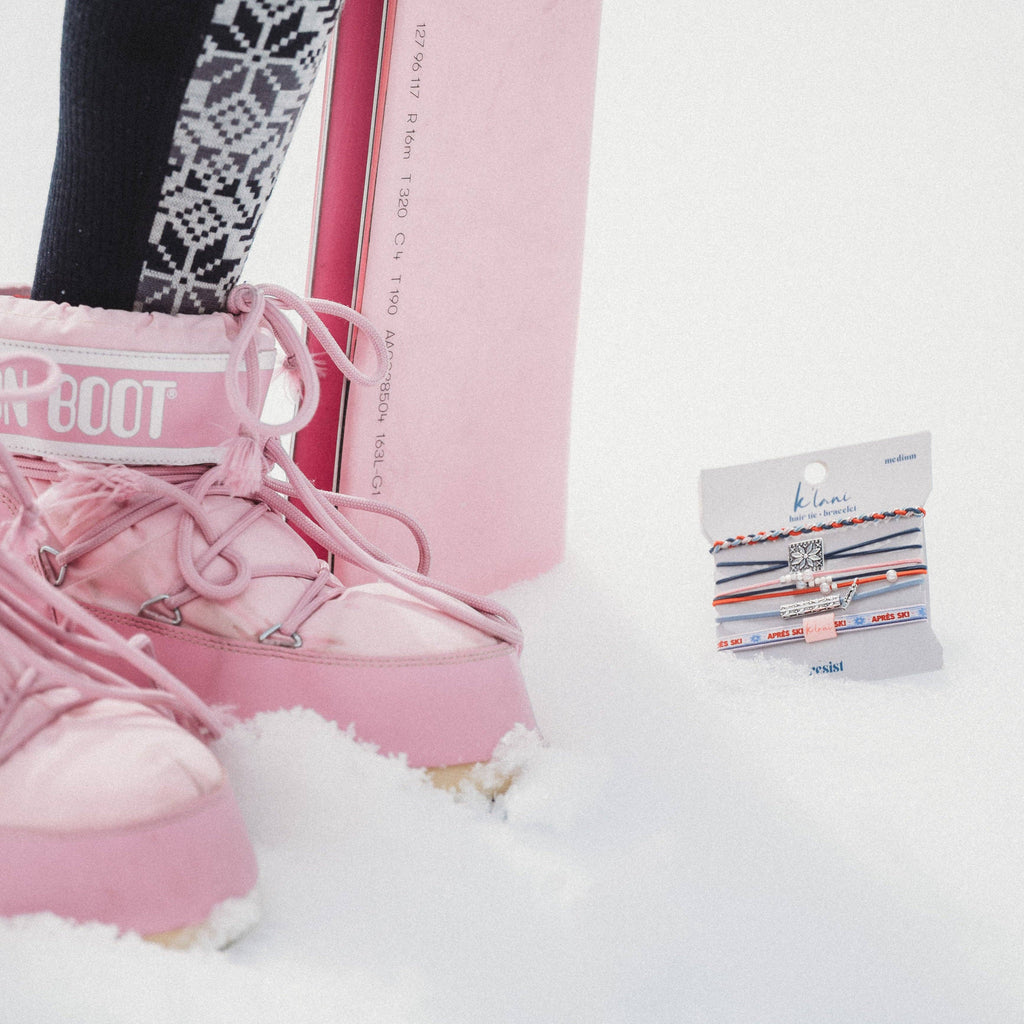 "Aprés" Blue, Red & Pink with Silver Snow & Winter Accent Hair Tie Bracelets