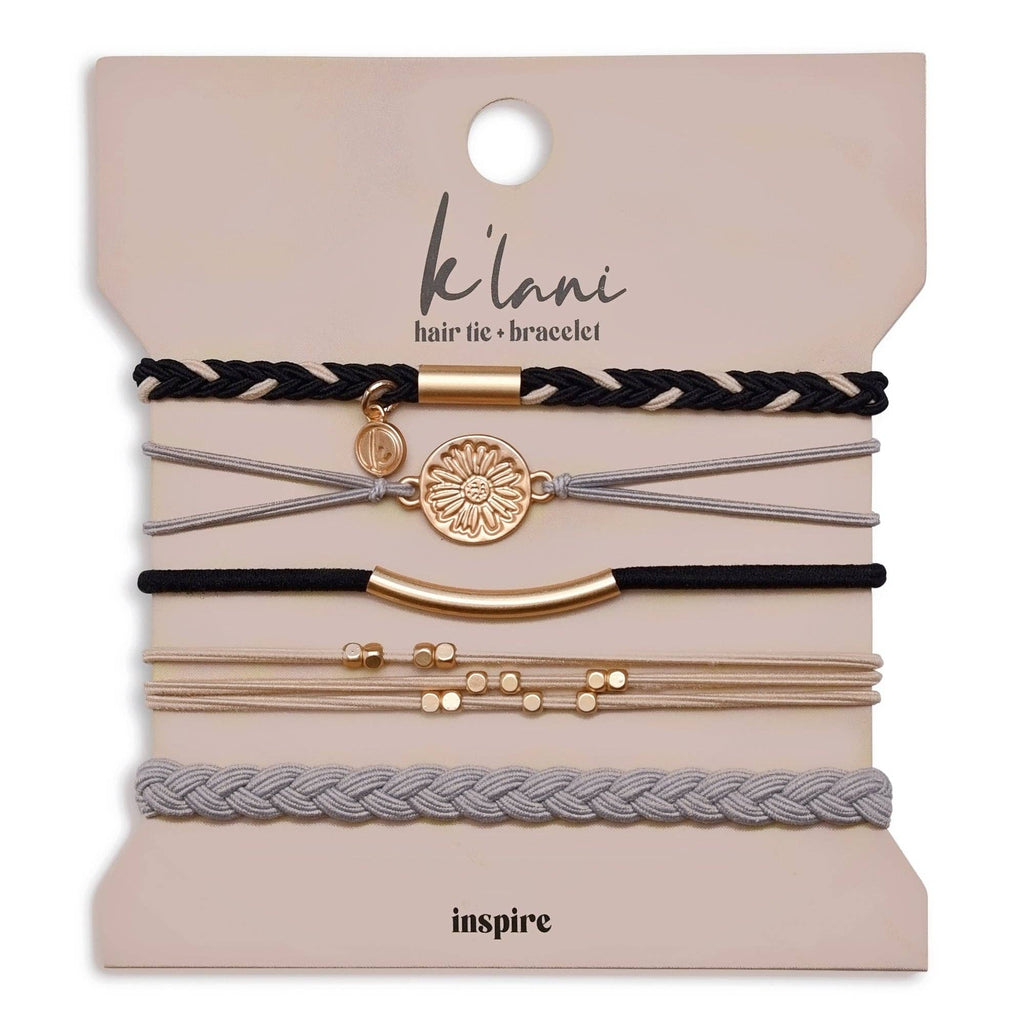 "Inspire" Grey and Black with Gold Flower Accent Hair Tie Bracelets
