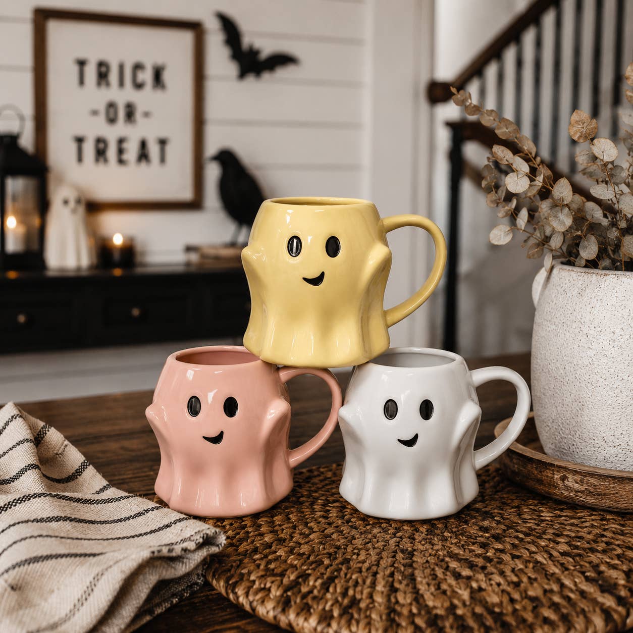 Halloween Drinkware, Ceramic Ghost Mugs, Neutral Fall Decor