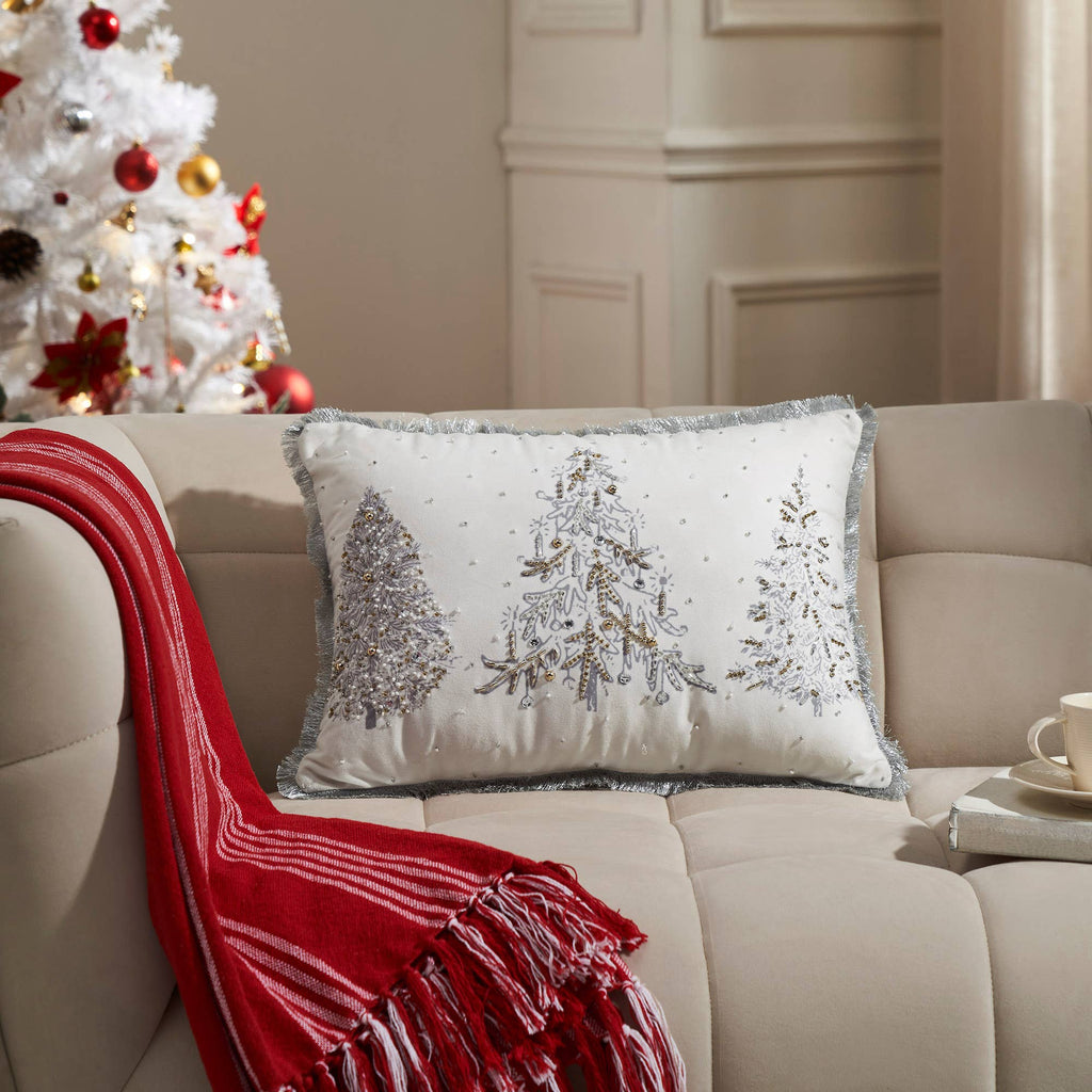 White Christmas Tree Embroidered Beaded Throw Pillow 14x20