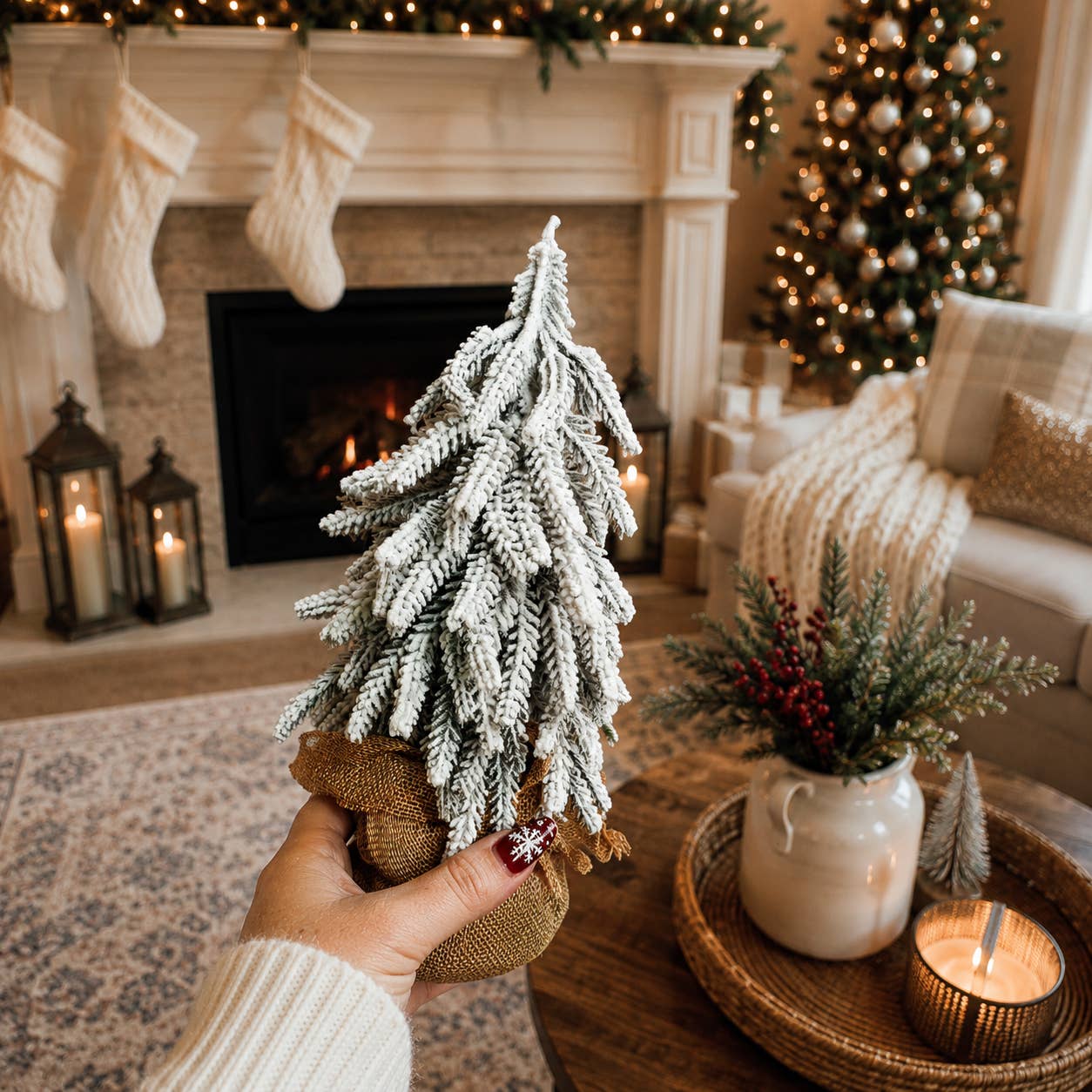 Christmas Trees with Snow, Holiday Mantle & Shelf Home Decor