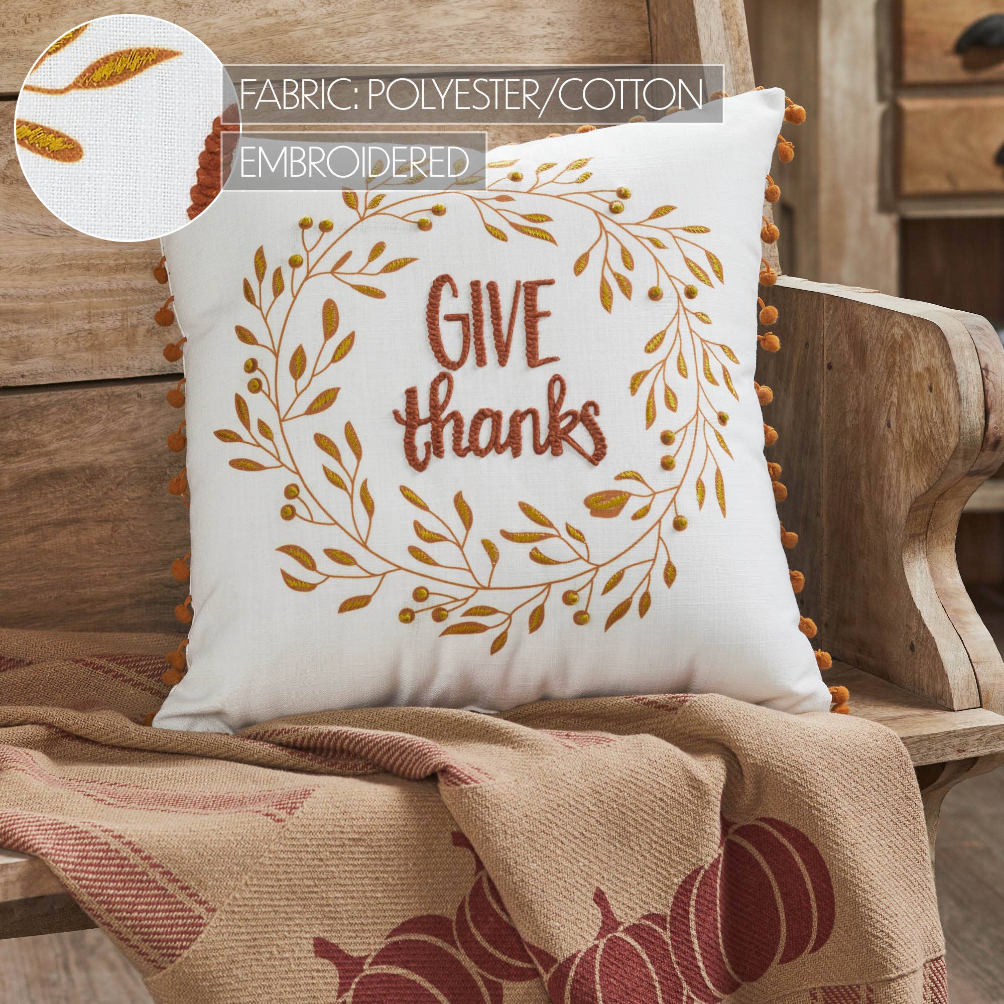 Thanksgiving Fall Wreath Pom Pom Accent Throw Pillow 18x18