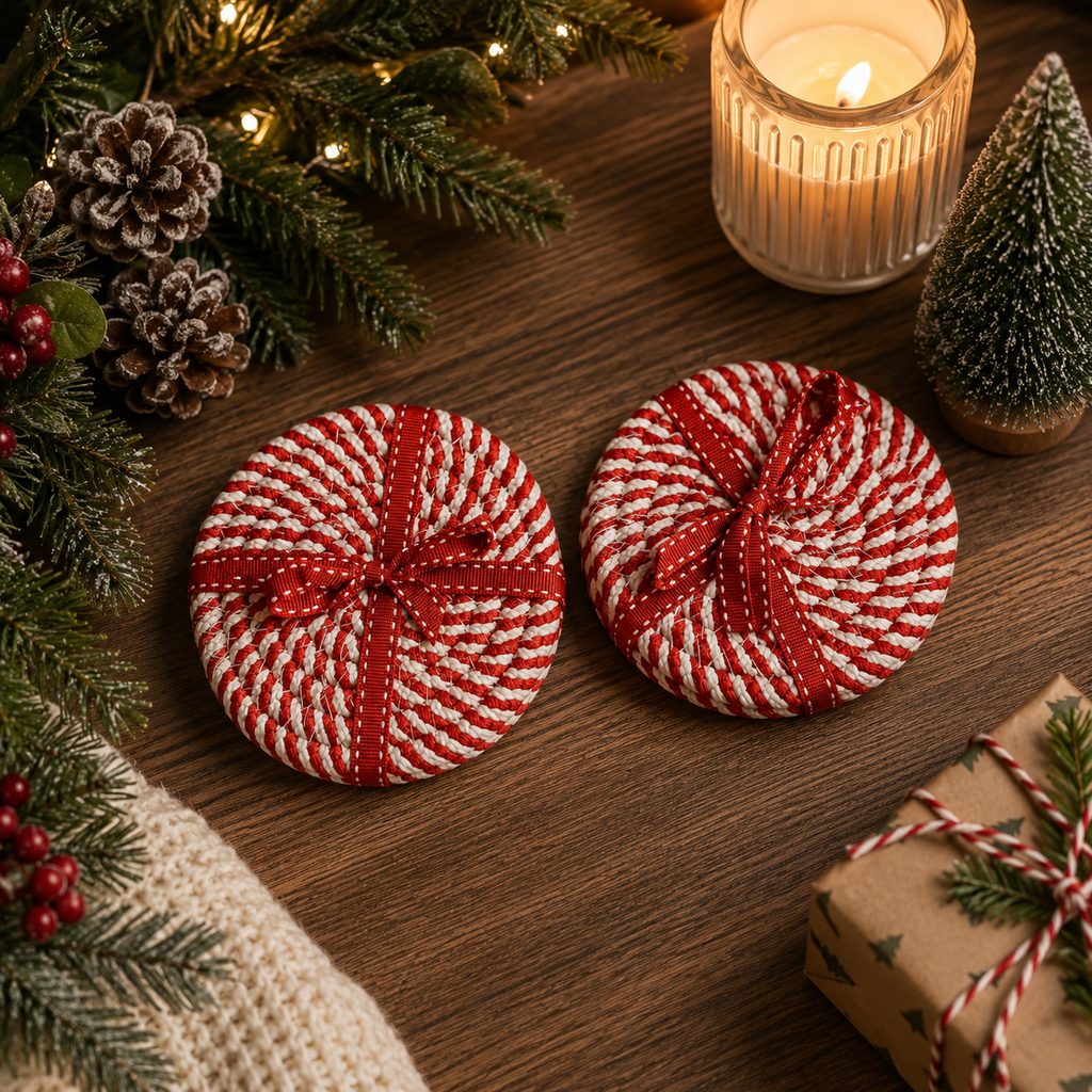 Holiday Fabric Coasters, Red White Christmas Coaster Set