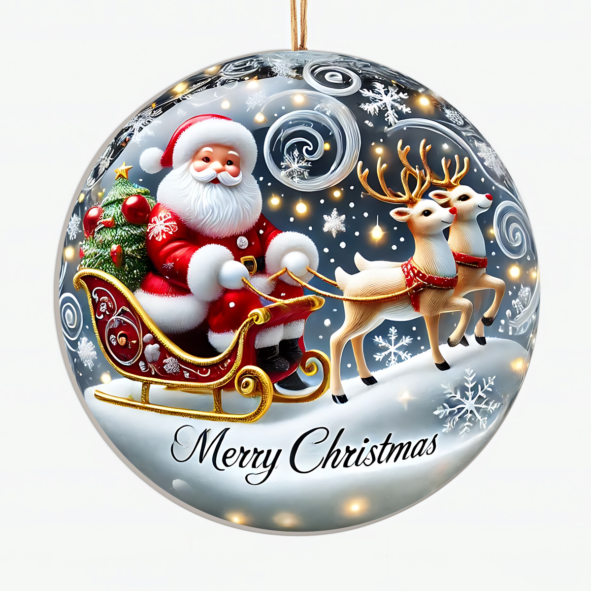 Santa Sleigh Ceramic Christmas Ornament - Festive Holiday Decoration with Reindeer and Snowflakes Merry Christmas Tree Ornament  - Gift Idea