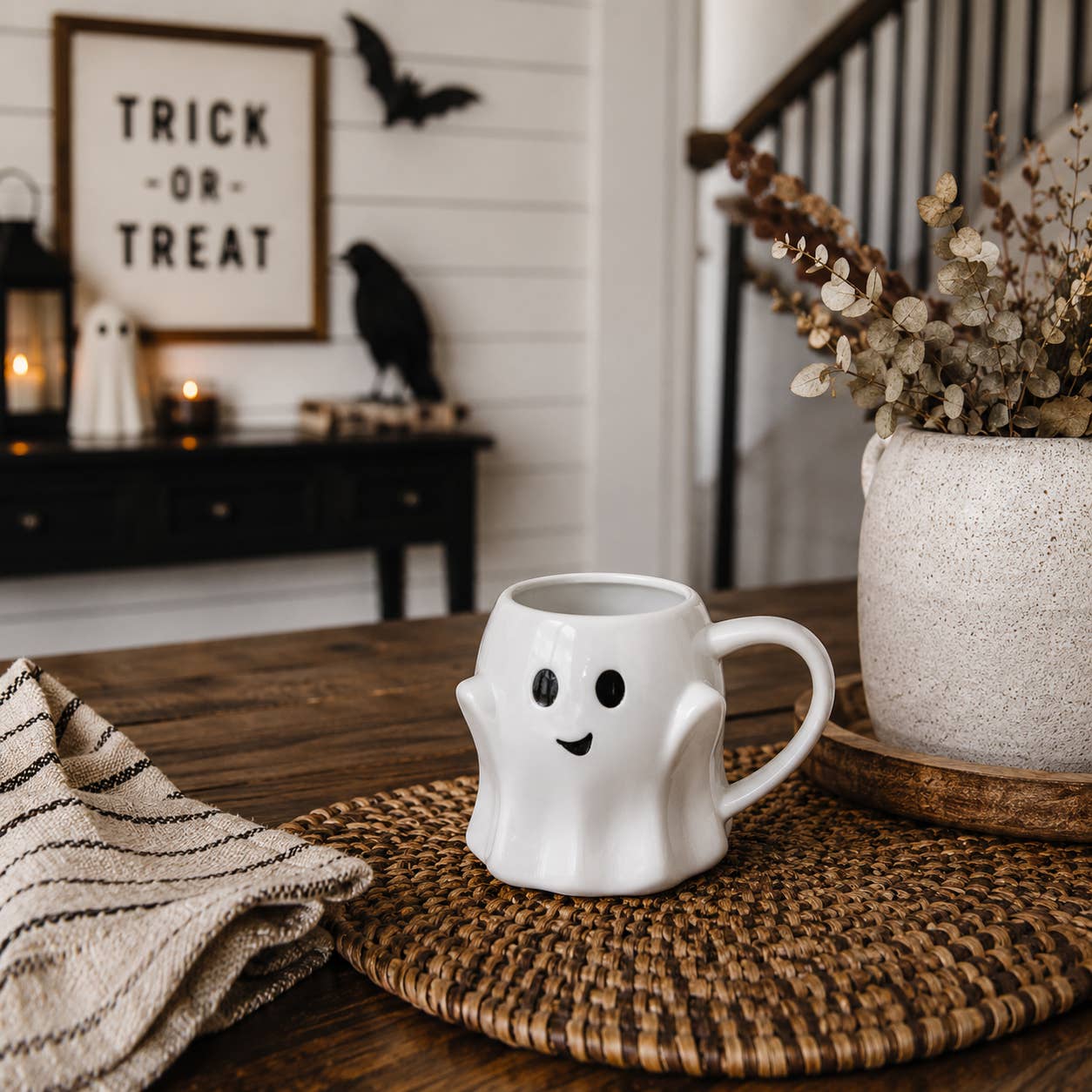 Halloween Drinkware, Ceramic Ghost Mugs, Neutral Fall Decor